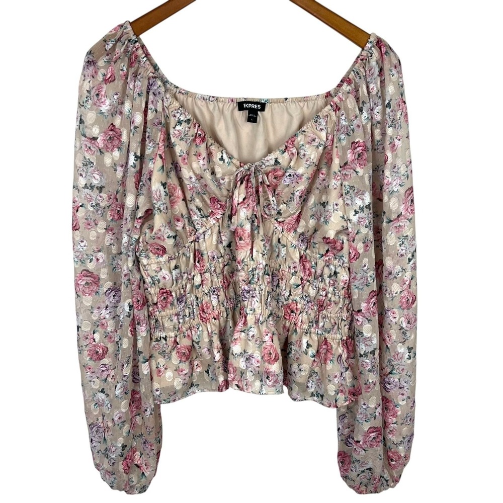 ☘️5/$25 Express Floral Puff Sleeve Babydoll Top Pink Smocked Milkmaid Large